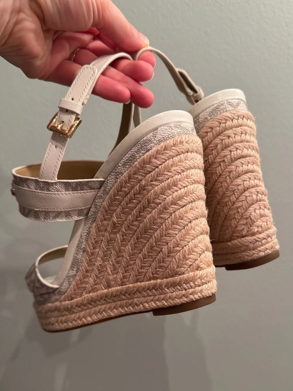 Michael Kors Beige and White Logo Espadrille Wedge Sandals